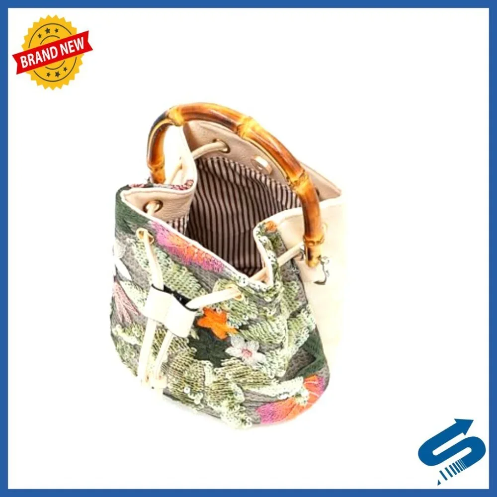 Hand Embroidered Straw Tote Bag Bohemian Beach Crossbody with Bamboo Handle